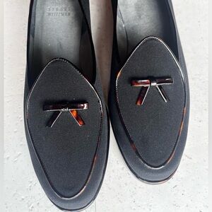 STUART WEITZMAN ~ Loafer Shoe Black Fabric
Patent Leather Tortoise Shell Bow